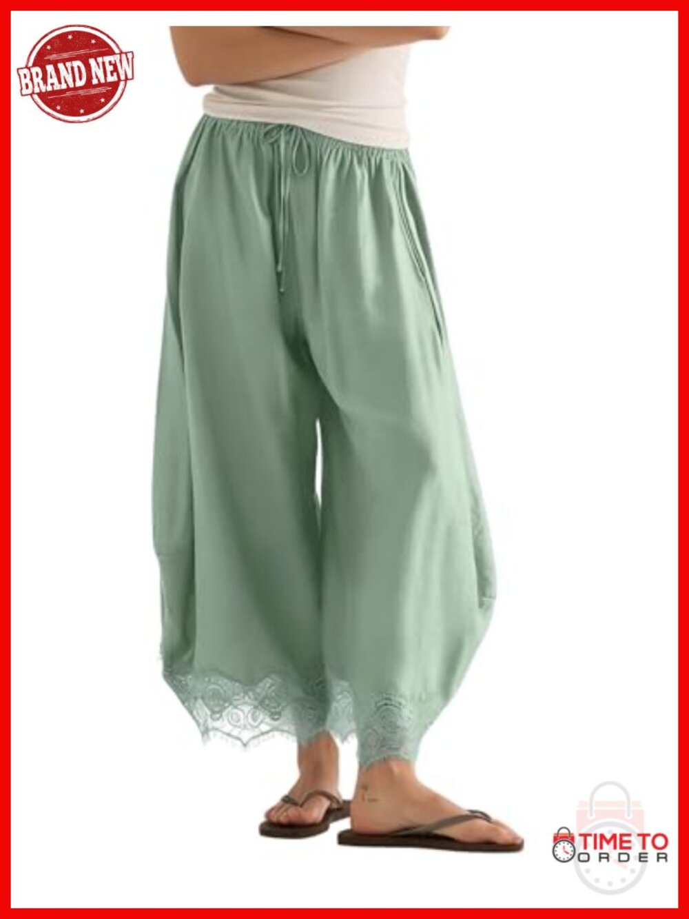 Cropped Lace Hem Wide Leg Pants with Pockets Drawstring Waist